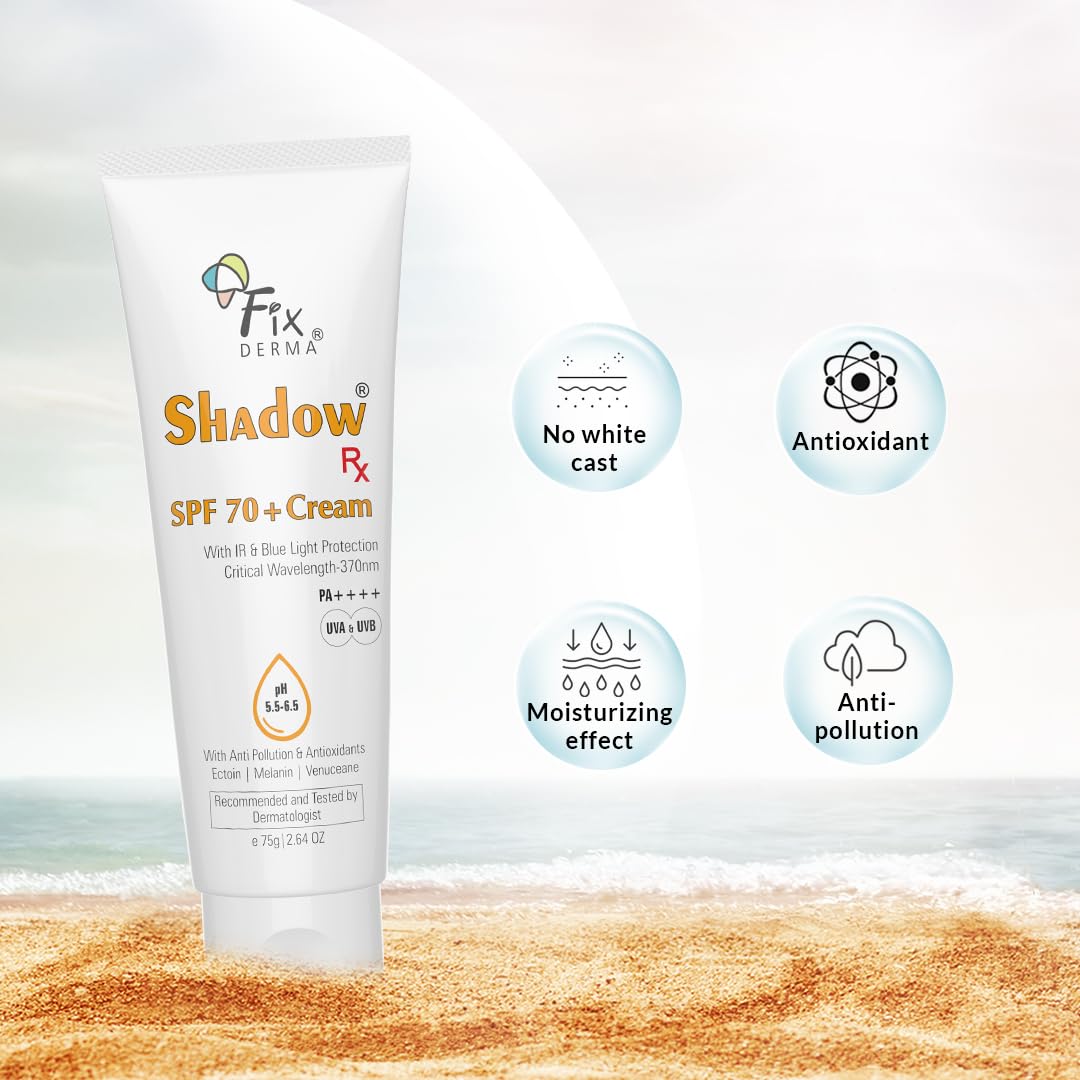 Fixderma Shadow RX Sunscreen SPF 70+ Cream PA++++ | Sunscreen for Dry Skin | Sunblock SPF 70 | Hybrid Sunscreen with UVA & UVB Filters, Antioxidants, IR Protection and Blue Light Protection - 75gm Fixderma
