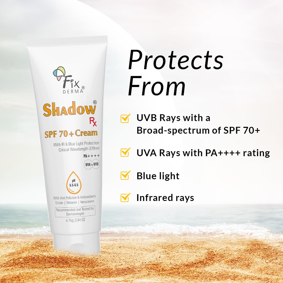 Fixderma Shadow RX Sunscreen SPF 70+ Cream PA++++ | Sunscreen for Dry Skin | Sunblock SPF 70 | Hybrid Sunscreen with UVA & UVB Filters, Antioxidants, IR Protection and Blue Light Protection - 75gm Fixderma