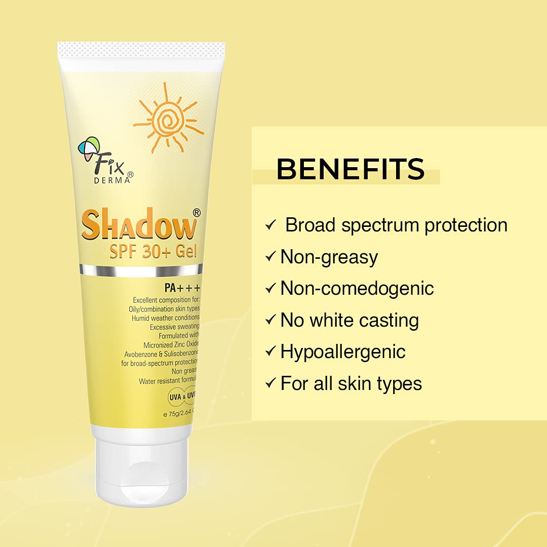 Fixderma Shadow Sunscreen SPF 30+ PA+++ Gel Broad Spectrum Sunscreen For UVA & UVB Protection For All Skin Type| 75gm Fixderma
