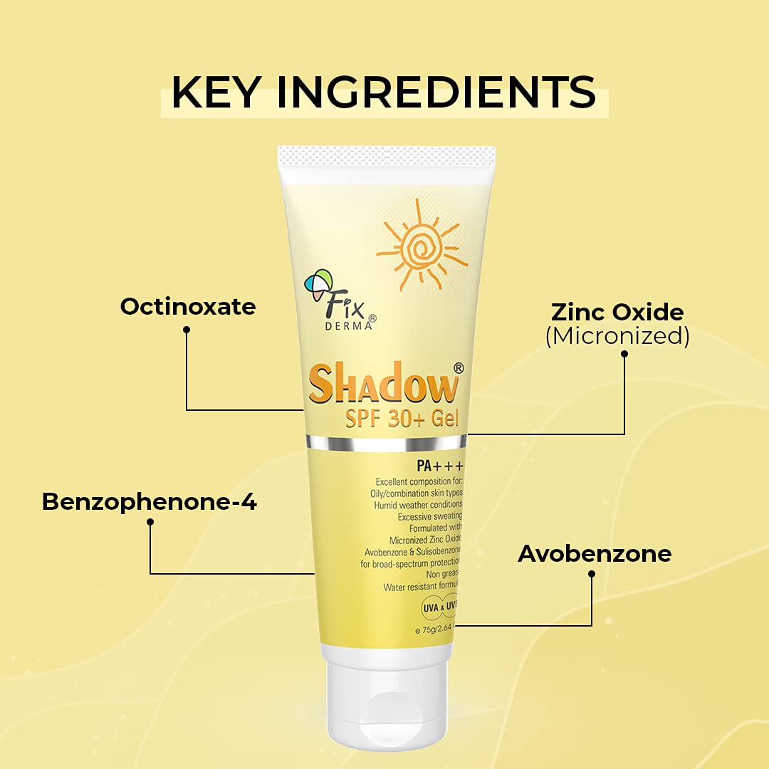 Fixderma Shadow Sunscreen SPF 30+ PA+++ Gel Broad Spectrum Sunscreen For UVA & UVB Protection For All Skin Type| 75gm Fixderma