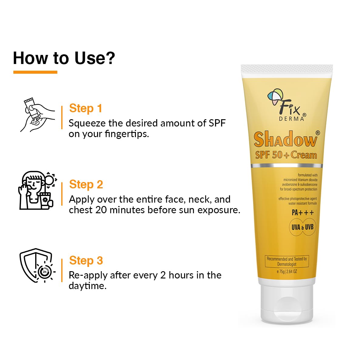 Fixderma Shadow Sunscreen SPF 50+ Cream PA+++ Sunscreen For Dry Skin,Sunscreen For Body & Face Broad Spectrum Sunscreen For UVA & UVB Protection Non Greasy & Water Resistant-75gm Fixderma