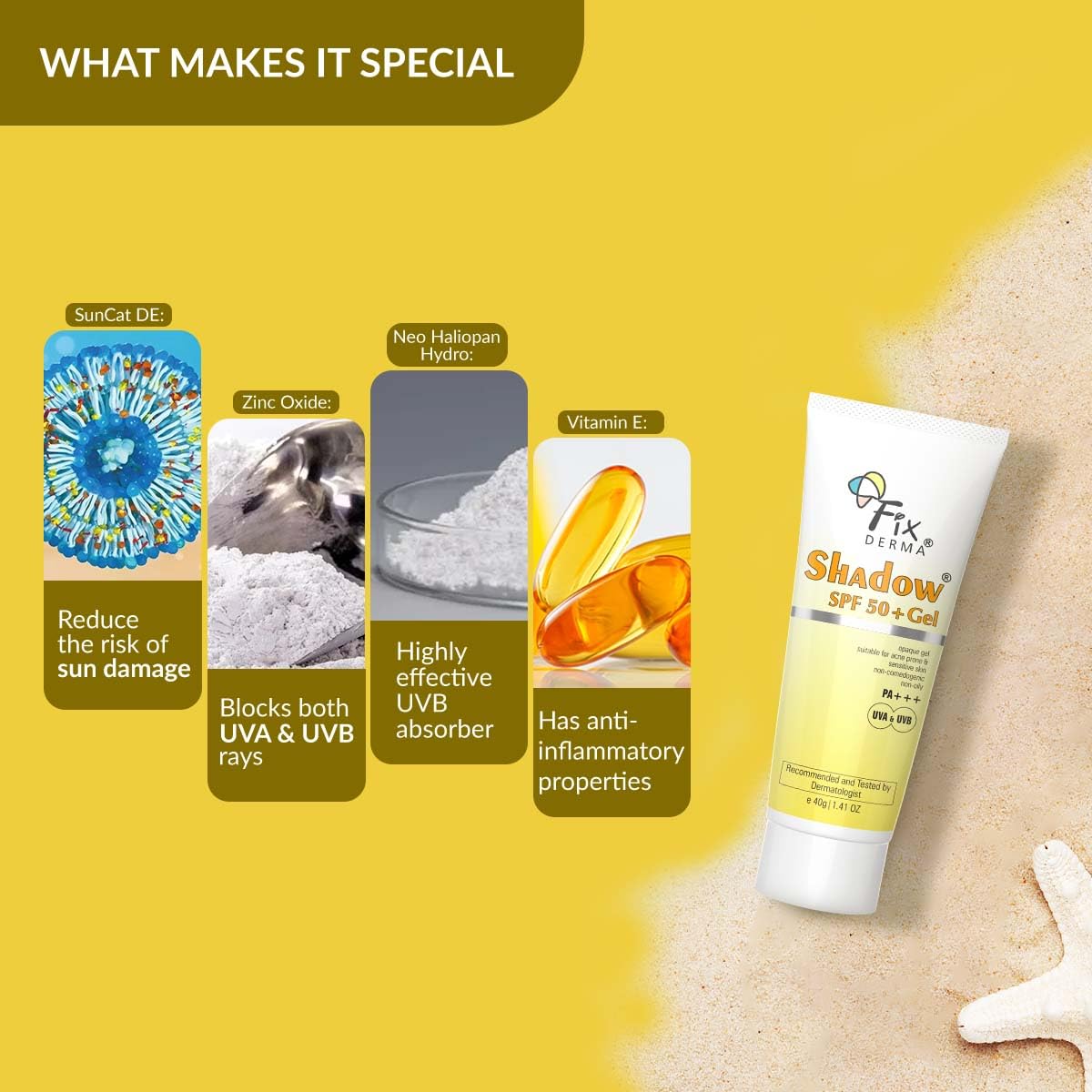 Fixderma Shadow Sunscreen SPF 50+ PA+++ Gel Broad Spectrum Sunscreen For UVA & UVB Protection | Sunscreen For Women & Men 40 g Fixderma