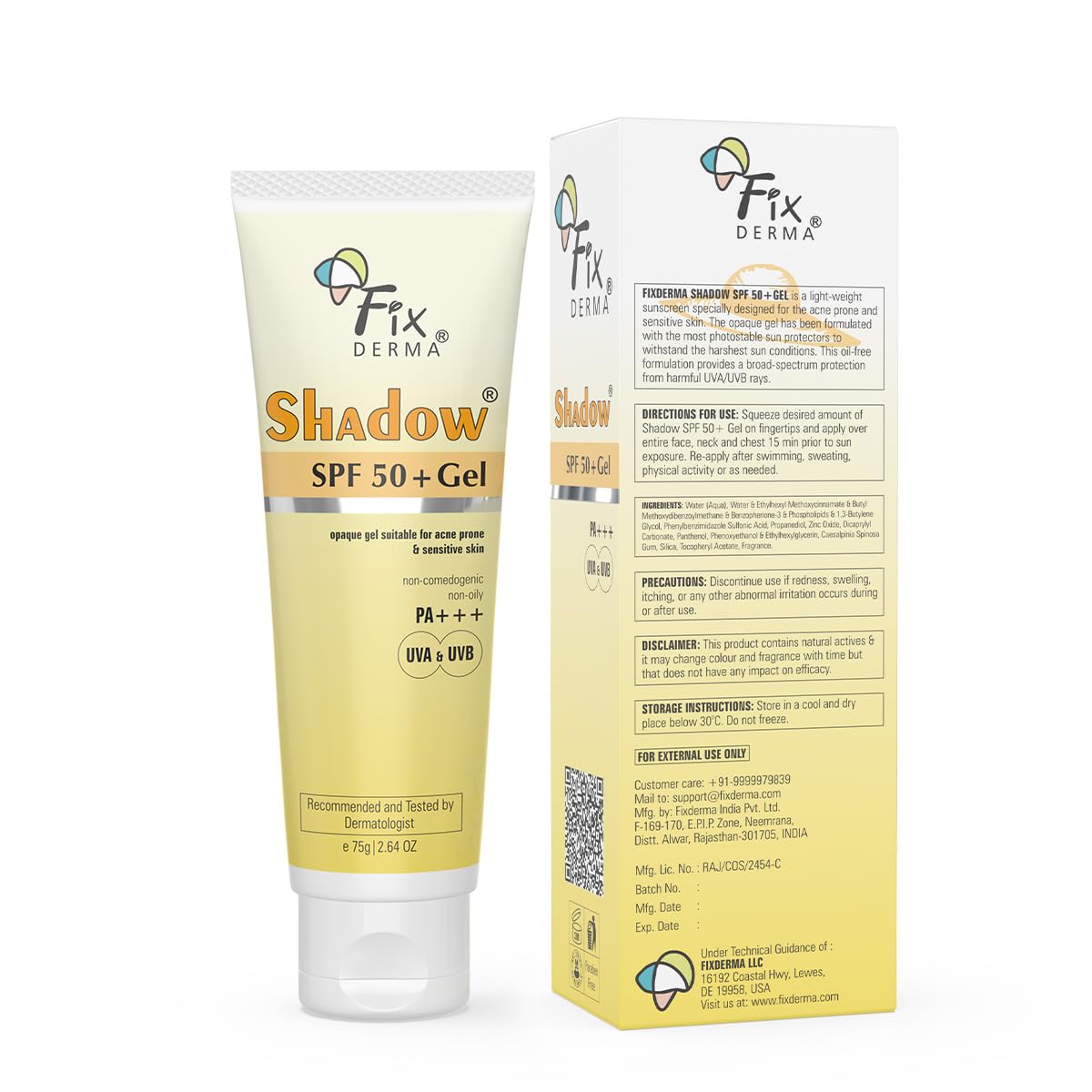 Fixderma Shadow Sunscreen SPF 50+ PA+++ Gel Broad Spectrum Sunscreen For UVA & UVB Protection | Sunscreen For Women & Men - 75gm Fixderma