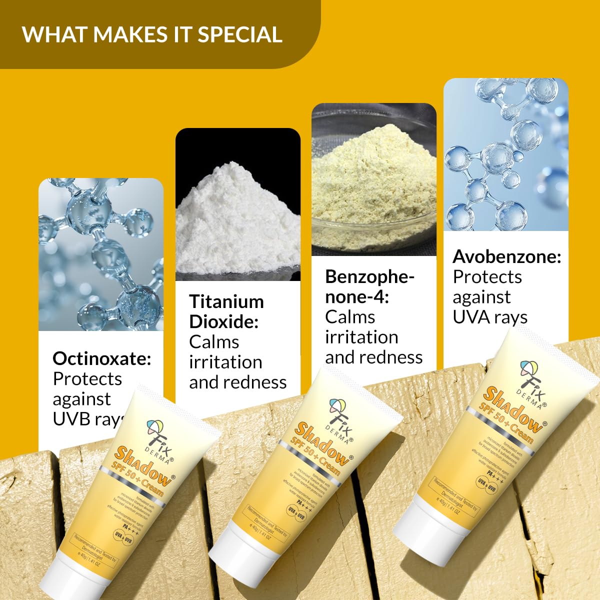 Fixderma Shadow Sunscreen SPF 50+ Cream | Sunscreen for Dry Skin | Sunscreen for UVA & UVB Protection | Non Greasy & Water Resistant - 40 gm Fixderma