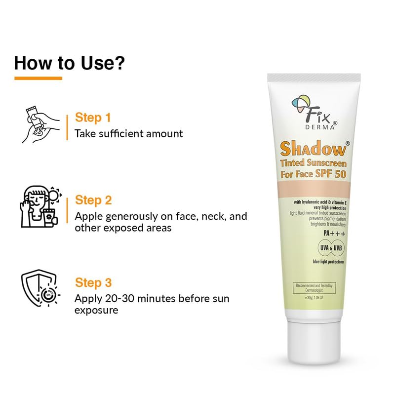 Fixderma Shadow Tinted Sunscreen SPF 50 PA+++ | Sunscreen with Vitamin E | UVA & UVB Protection | For All Skin Types - 30gm Fixderma