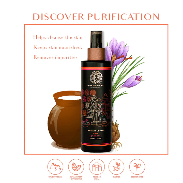 GLOBAL BEAUTY SECRETS Indian Milk & Saffron Toner  100ml GLOBAL BEAUTY SECRETS