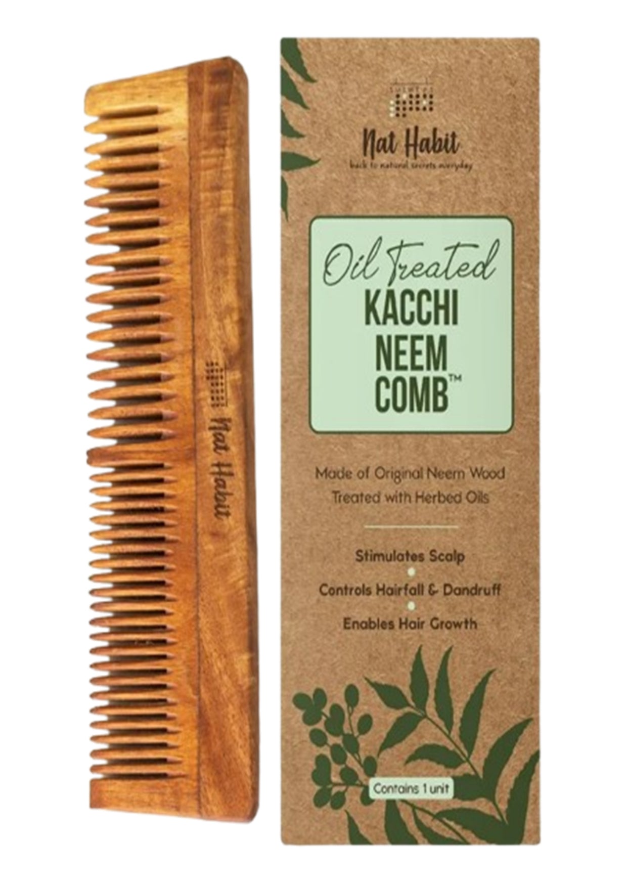 Nat Habit Kacchi Neem Wooden Comb, Soaked In 17 Herbs Neem & Sesame Oil For Multi-Actions - Detangling, Frizz Control & Shine,Suited For All Hair Types (Dual Tooth) NAT HABIT