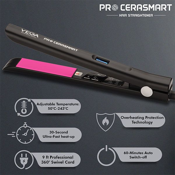VEGA PROFESSIONAL Pro Cera Smart Hair Straightener BLACK -RED VEGA PROFESSIONAL