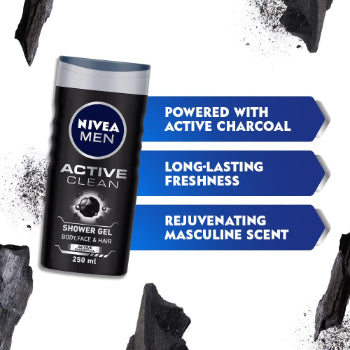 NIVEA Men Body Wash, Active Clean with Active Charcoal, Shower Gel for Body, Face & Hair, 500 ml NIVEA