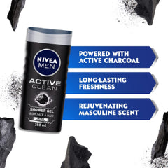 NIVEA Men Body Wash, Active Clean with Active Charcoal, Shower Gel for Body, Face & Hair, 250 ml NIVEA