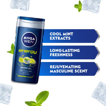 NIVEA Men Body Wash, Energy with Mint Extracts, Shower Gel for Body, Face & Hair, 250 ml NIVEA