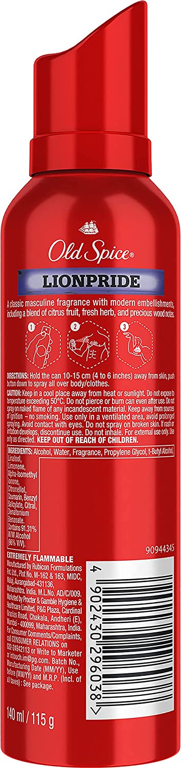 Old Spice Lionpride No Gas Deodorant Body Spray Perfume for Men, 140 ml OLD SPICE